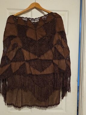 Brown Leather Crochet Fringe Women's Poncho & Skirt Set